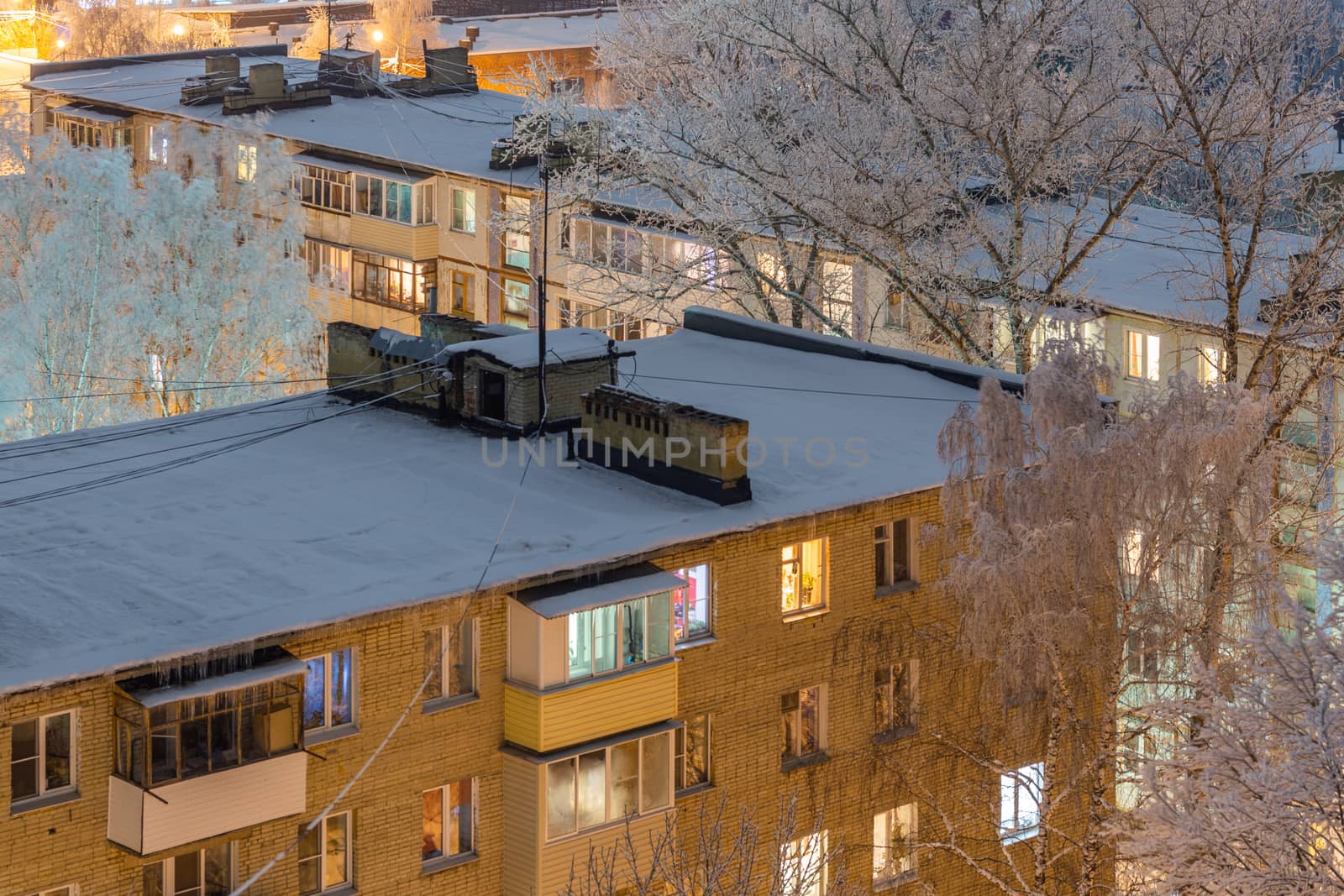 russian province high brick house roofs with selective focus.