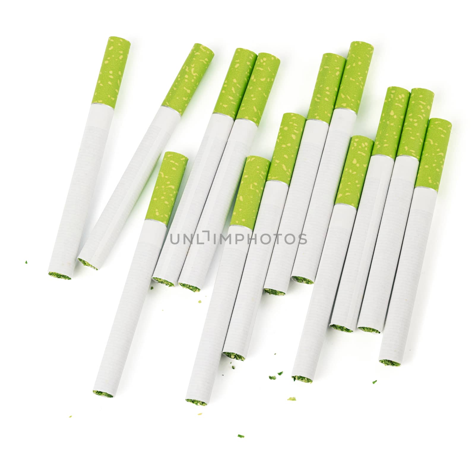 thirteen classic green filter cigarettes isolated on white background
