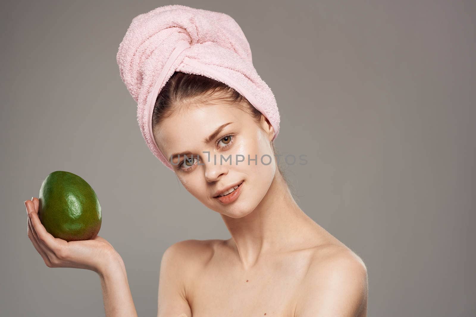 woman with bare shoulders clear skin health vitamins close-up mango by SHOTPRIME
