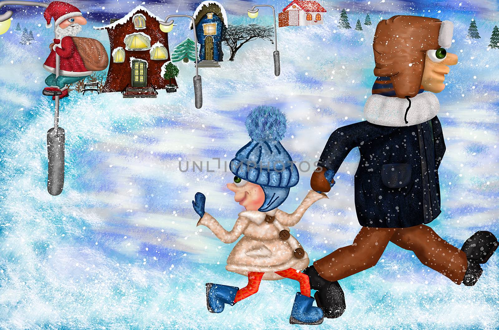 Cute friendship girl with Santa Claus. Abstract Merry Christmas and Happy New Year time cartoon illustrations greeting card with outdoor landscape, house, girl, dad and Santa Claus on winter background.
