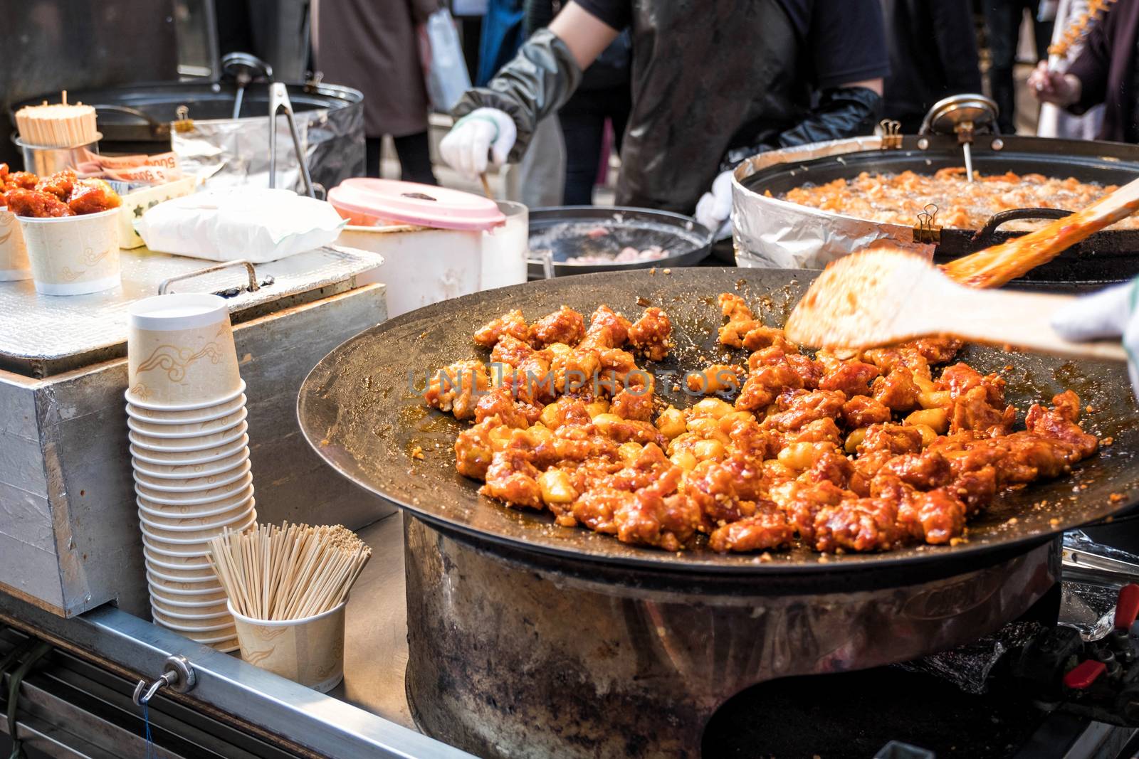 Chicken Korean food style at Myeong-dong street food, Seoul, Sou by Surasak