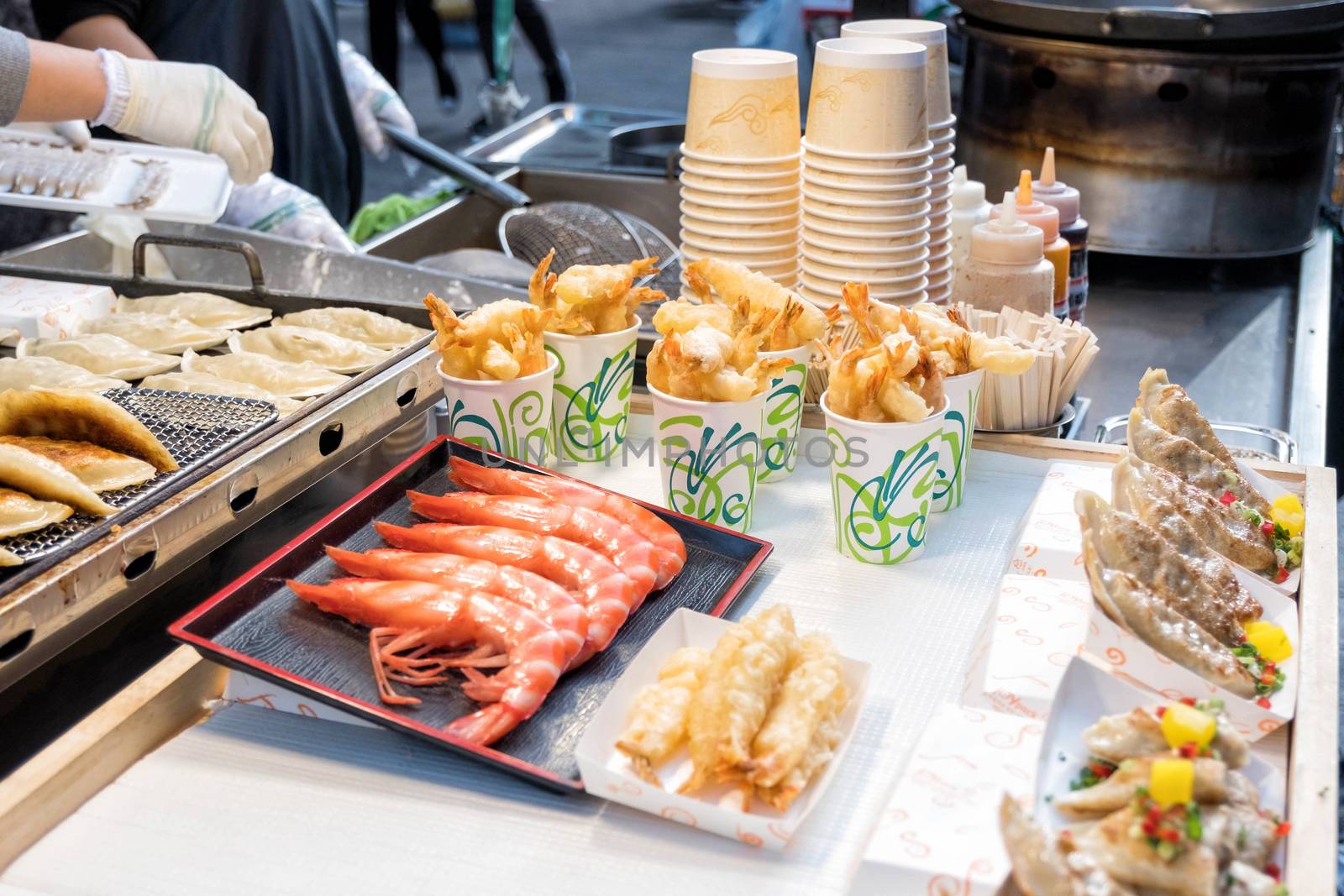 Crispy fried shrimp at Myeong-dong street food, Seoul, South Kor by Surasak