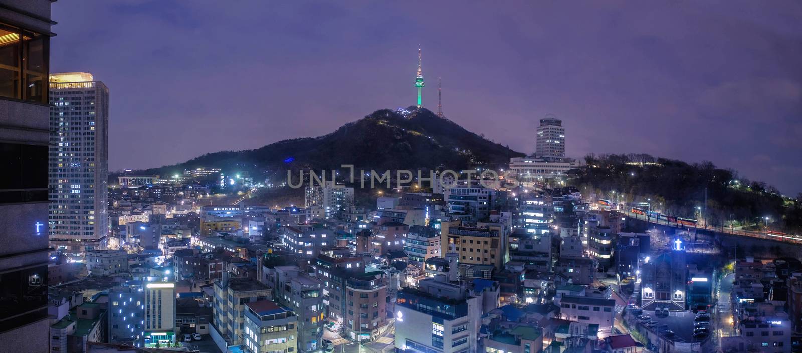 Cityscape night view of Seoul and Namsan Seoul Tower, South Kore by Surasak