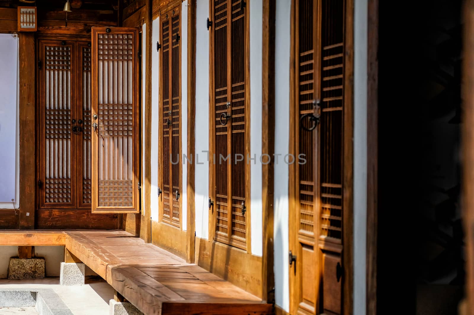 Detail and close up traditional Korean style architecture at Bukchon Hanok Village in Seoul, South Korea.
