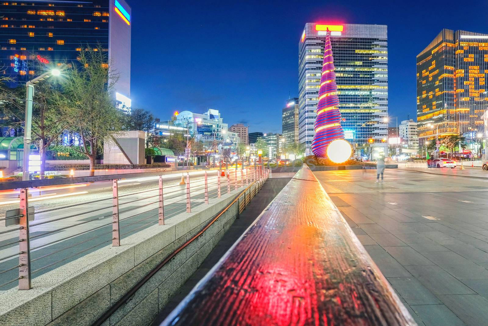 Nigth view of Shell pagoda monument near Cheonggyecheon canal. T by Surasak