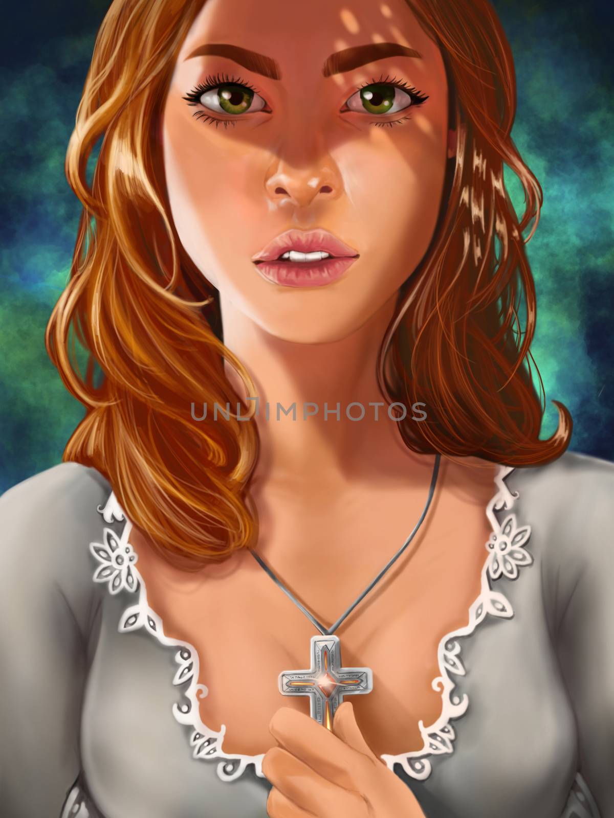 Digital painting of fantasy young princess holding a cross necklace portrait close up
