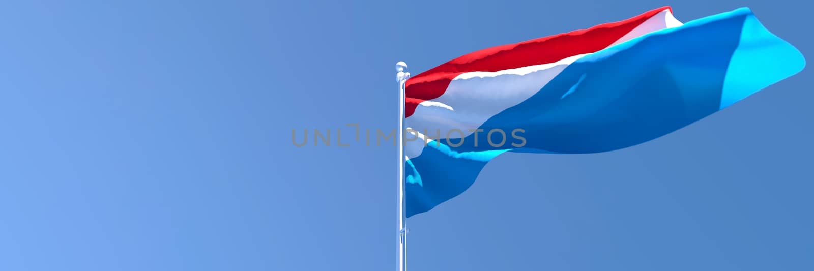 3D rendering of the national flag of Netherlands waving in the wind against a blue sky