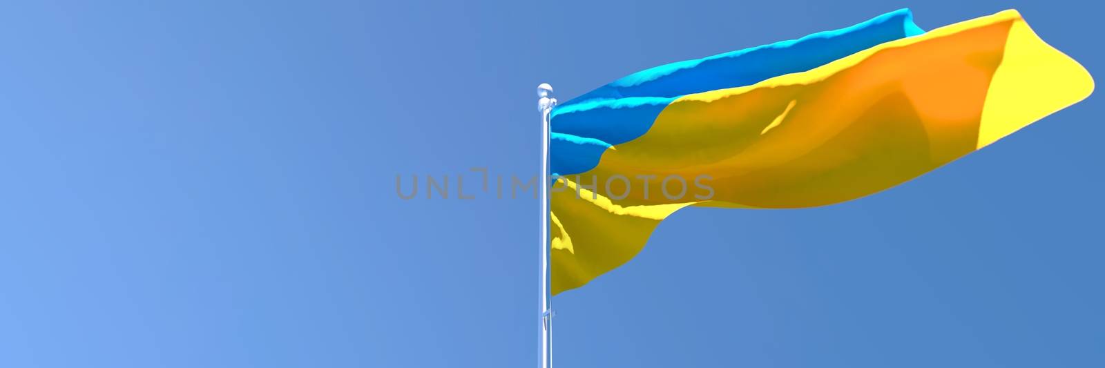 3D rendering of the national flag of Ukraine waving in the wind against a blue sky