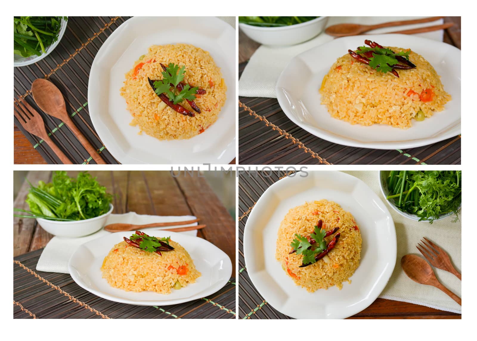 Set of fried rice with deep fries dried chili and tomato in white plate. 