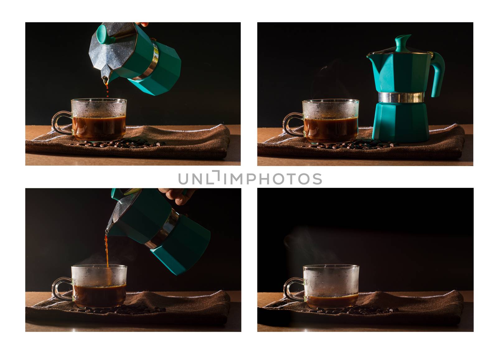 Set of pour hot of black coffee from green moka pot to clear coffee cup with smoke and coffee beans on brown table cloth and wooden table. Benefit of coffee concept.