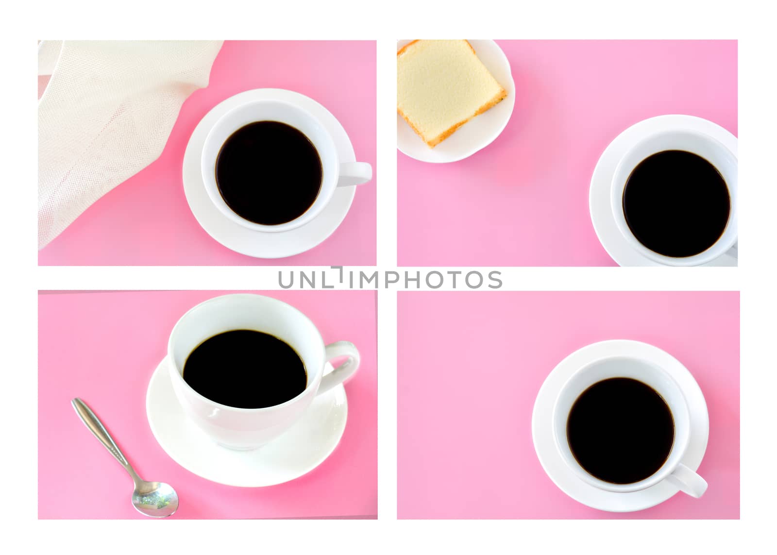 Set of black coffee in white ceramic cup with buttercake on pink background.