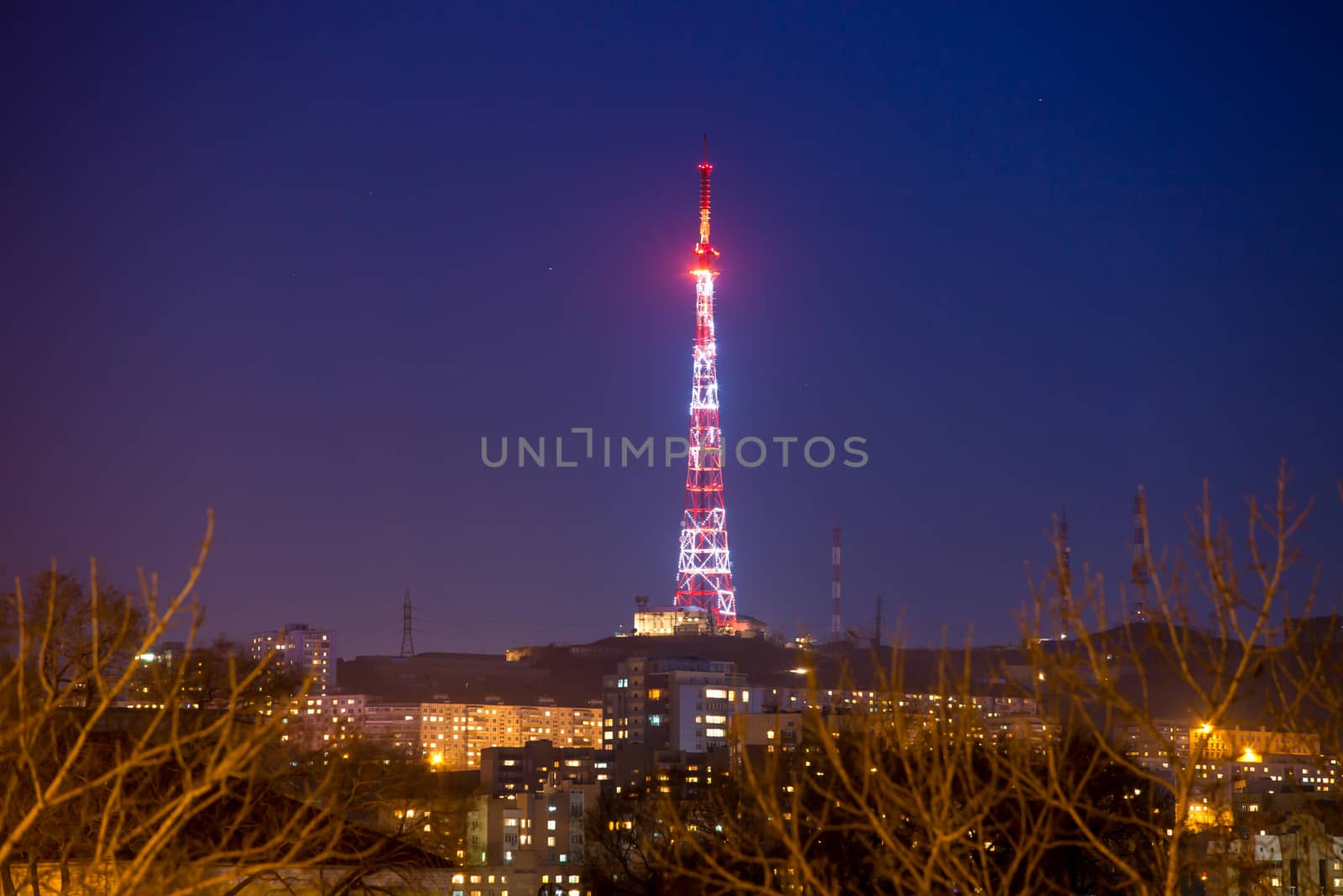 Night illumination of a television tower in Vladivostok.