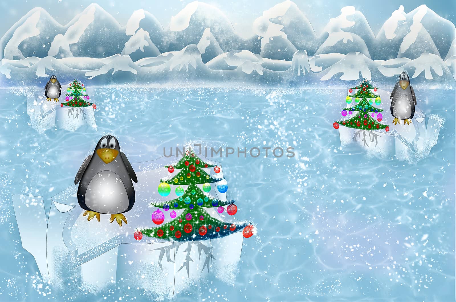 Landscape of the Arctic, Antarctica or Greenland. Greeting card. Little penguins celebrate New Year near decorated Christmas tree. Illustration