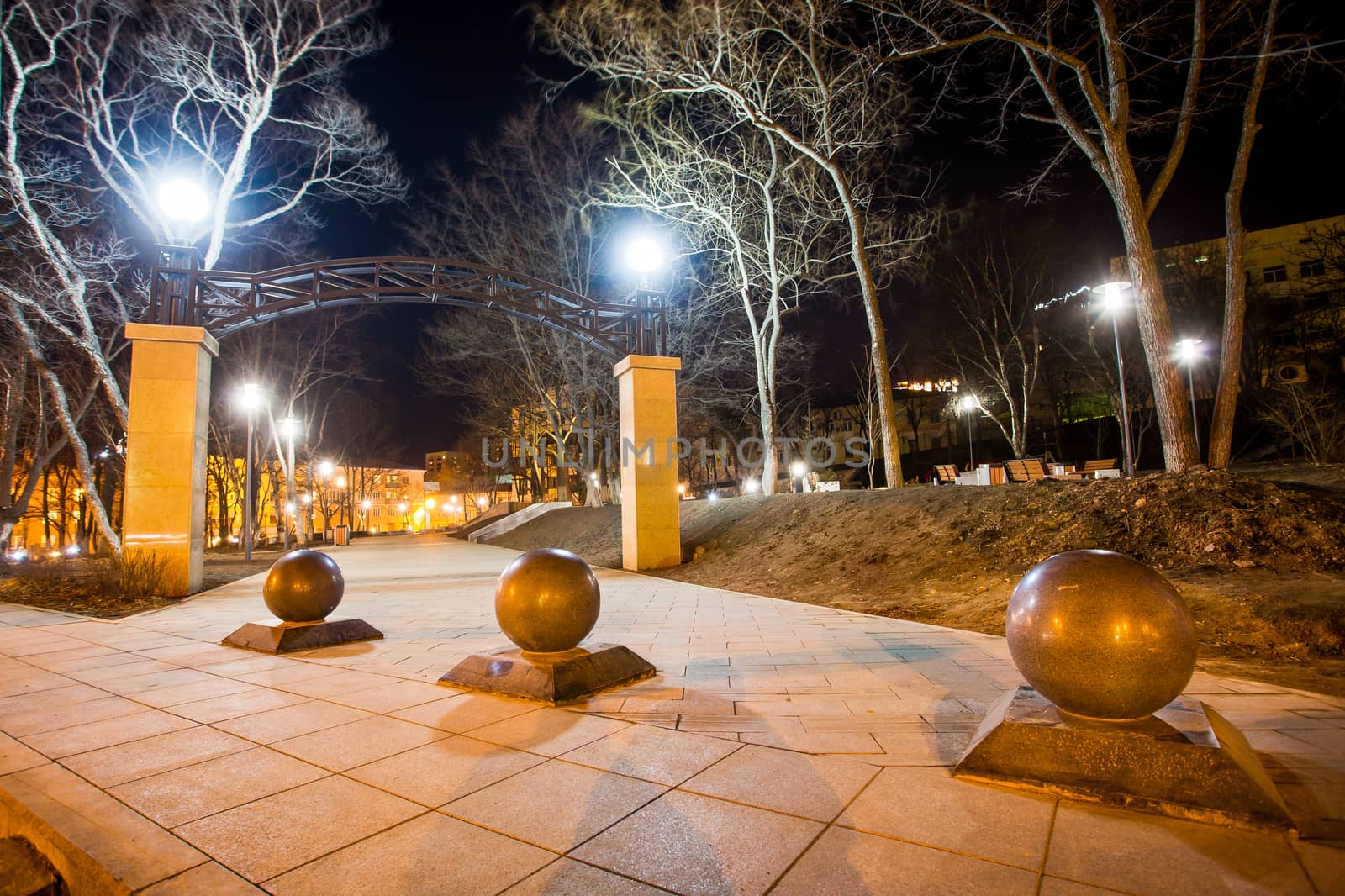 Illuminated square named after Sukhonov in Vladivostok at night