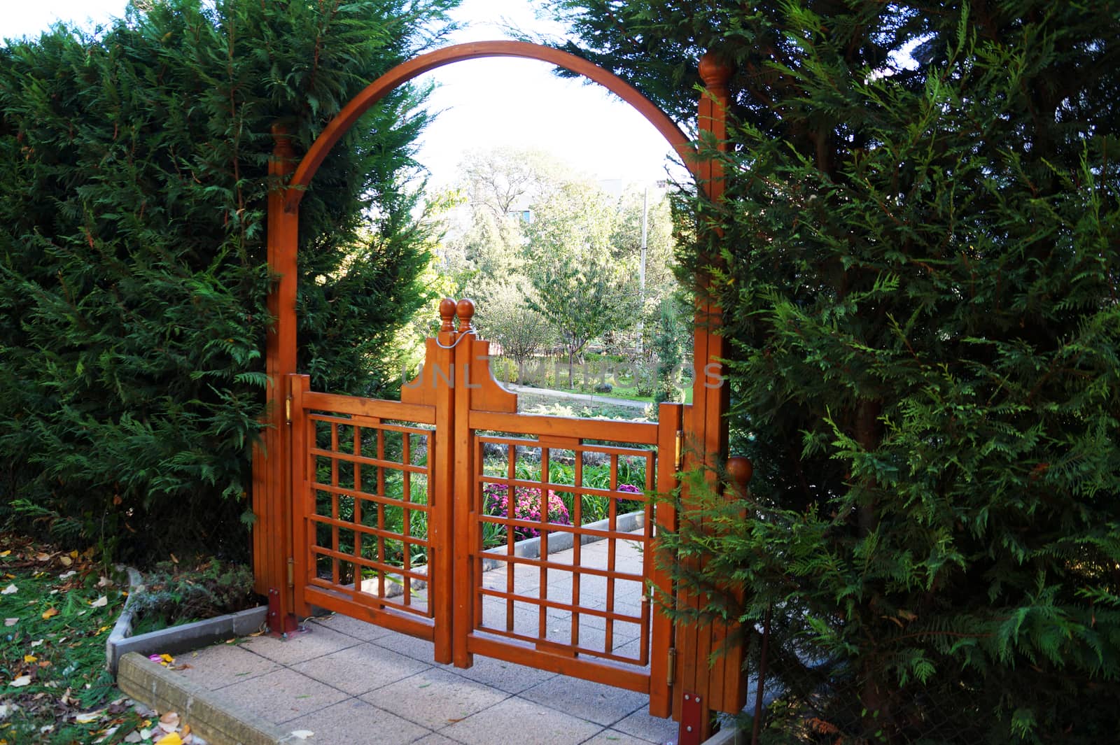 decorative wooden gate in the garden close up