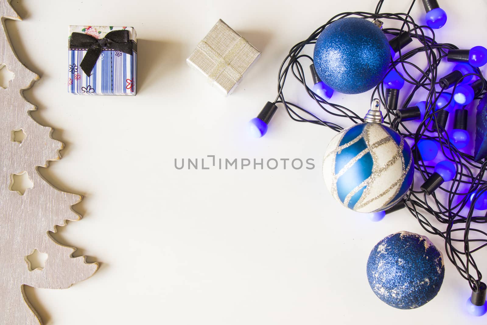 Merry christmas and happy new year 2021 blue set background, tree, toy, gift box and garland on the white background