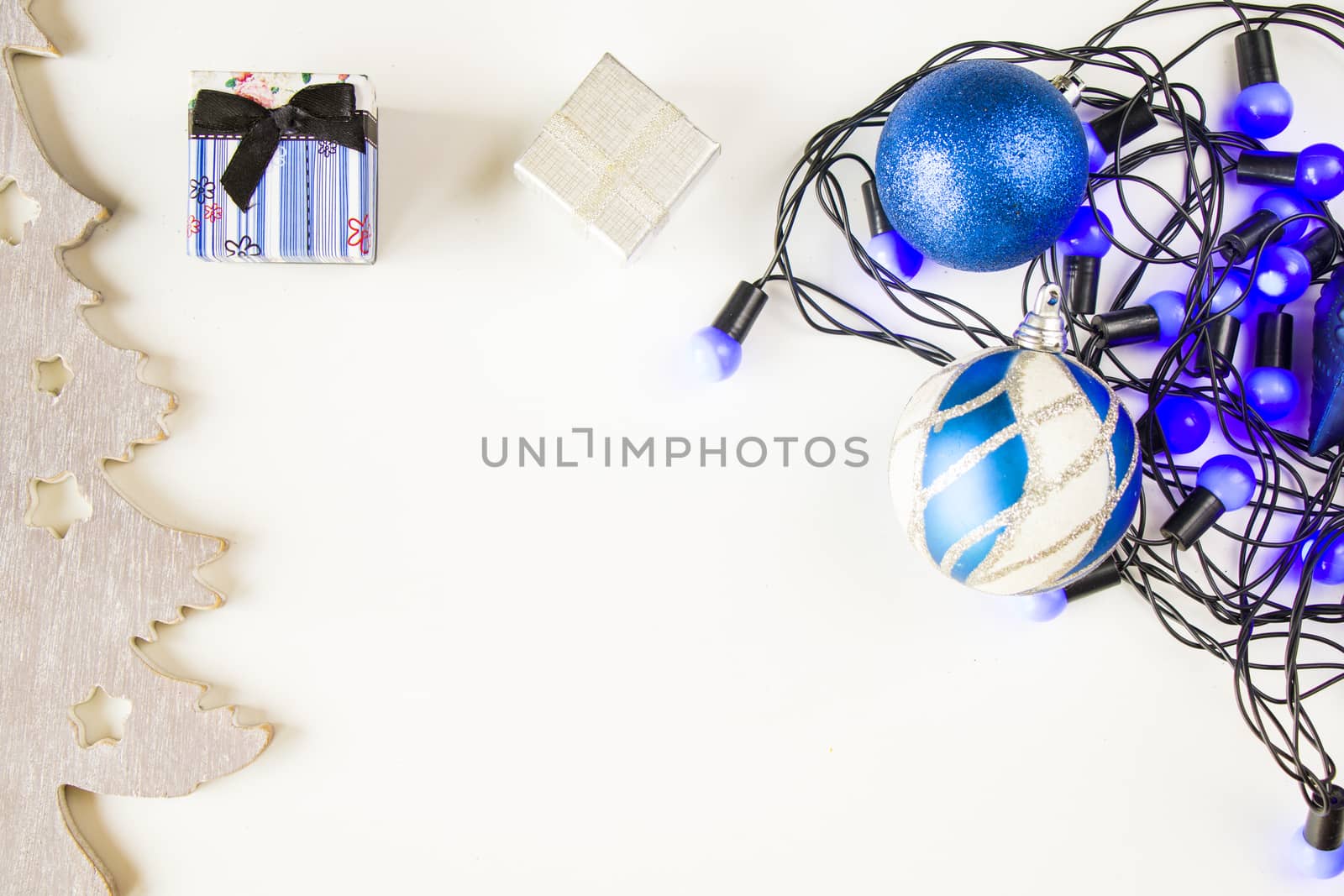 Merry christmas and happy new year 2021 blue set background, tree, toy, gift box and garland on the white background