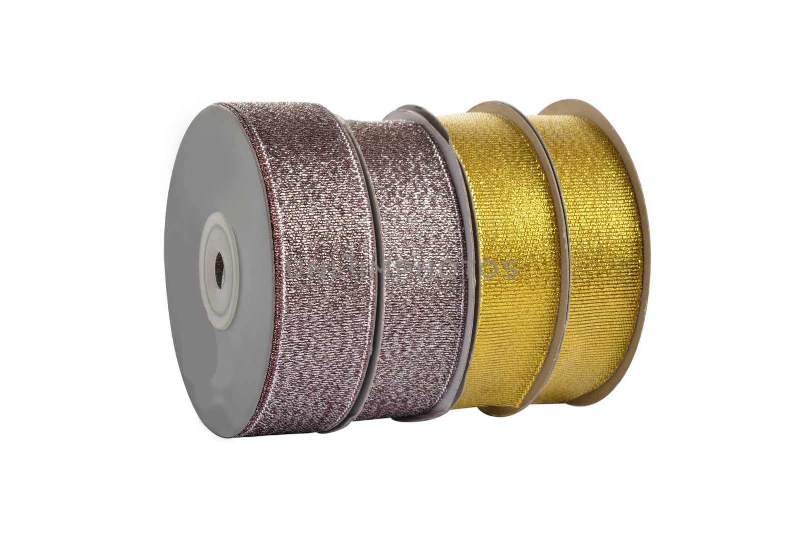 damaged packaging of set Reel with shiny organza tape ribbon festive Gold and silver isolated on white background. Use for sewing and gift wrapping.