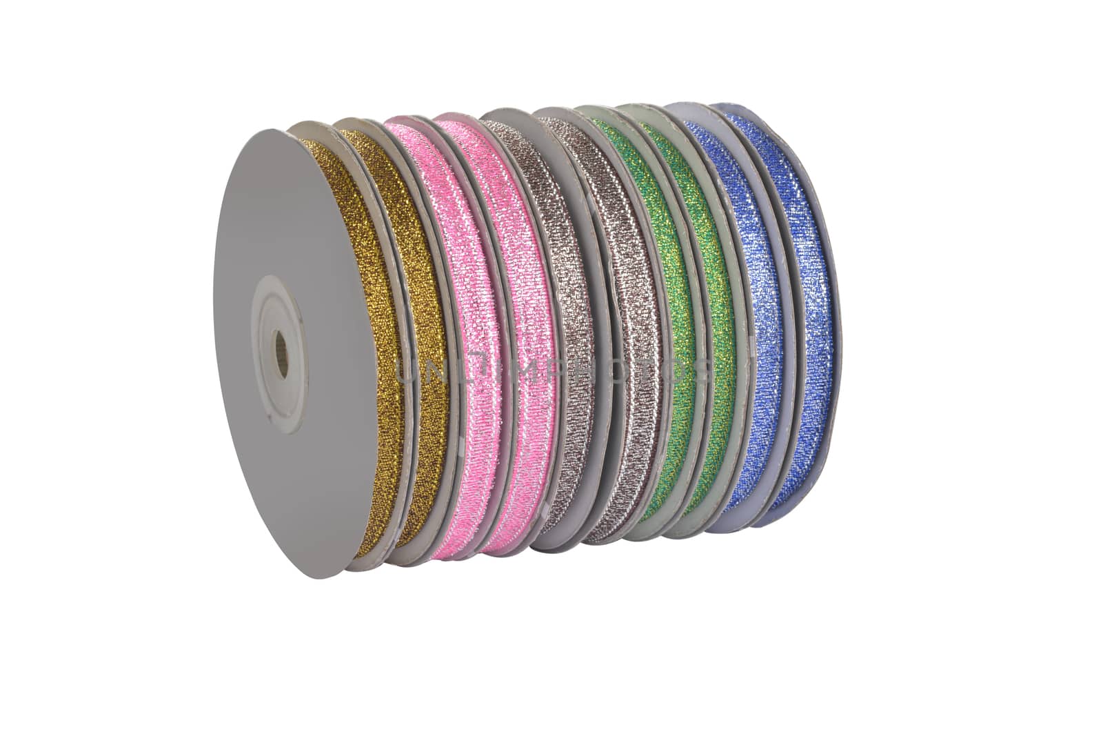 damaged packaging of set Reel with shiny organza tape ribbon festive Gold and silver isolated on white background. Use for sewing and gift wrapping.