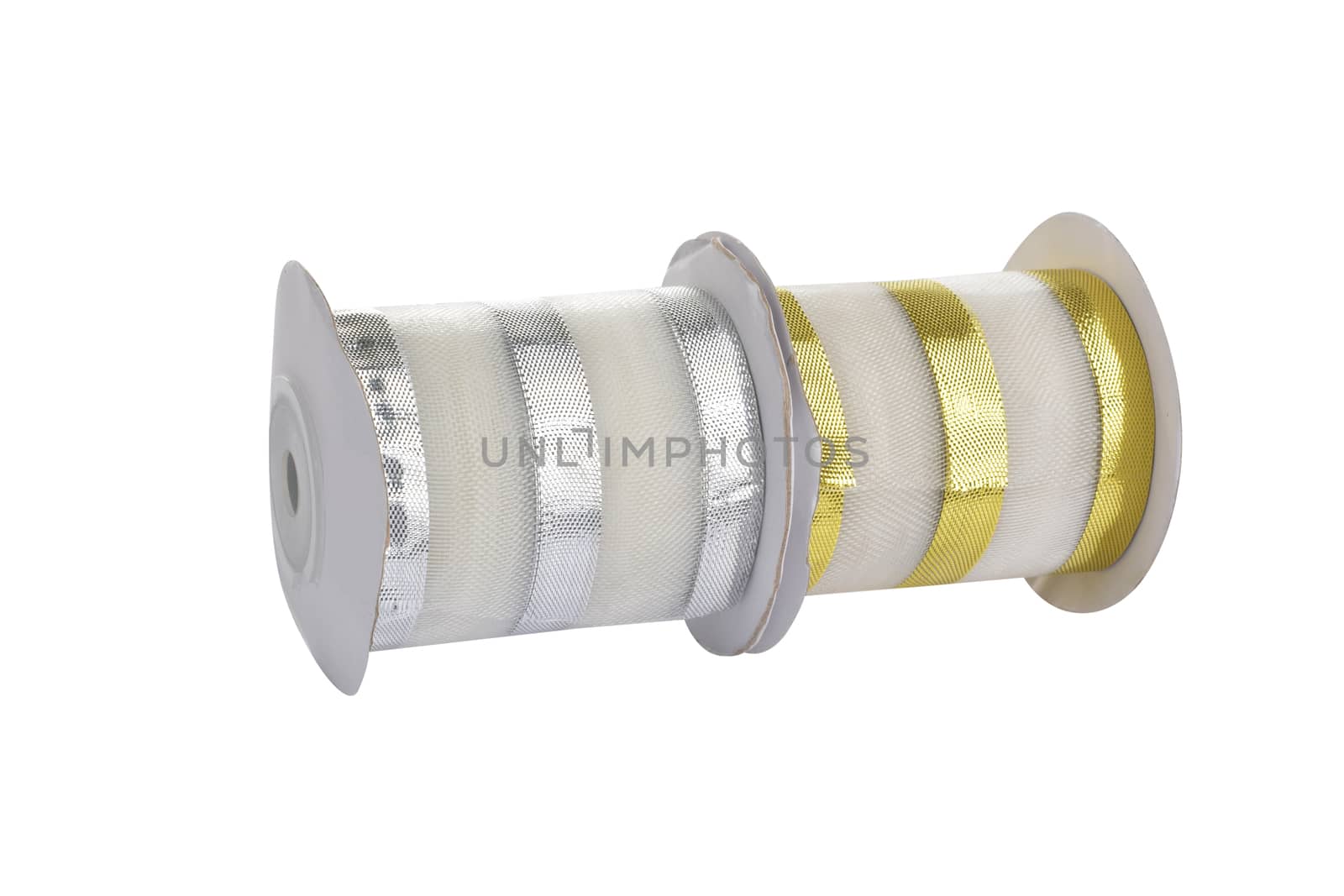 damaged packaging of set Reel with shiny organza tape ribbon festive Gold and silver isolated on white background. Use for sewing and gift wrapping.
