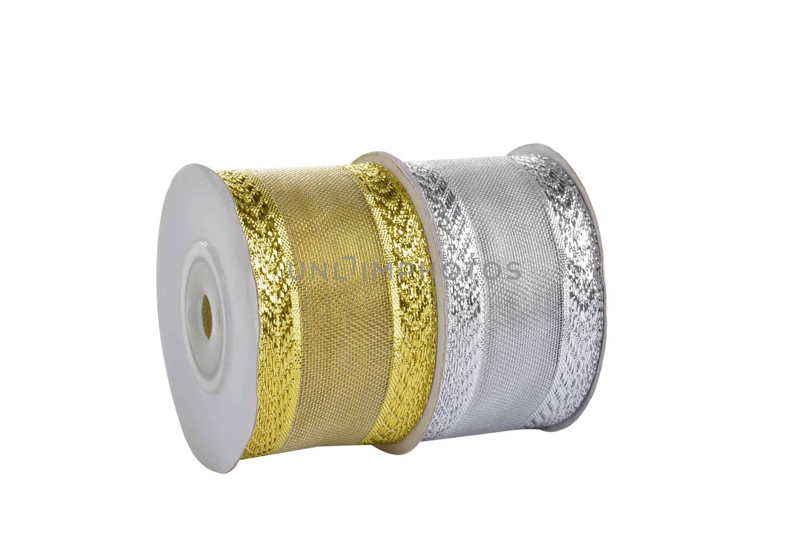 damaged packaging of set Reel with shiny organza tape ribbon festive Gold and silver isolated on white background. Use for sewing and gift wrapping.