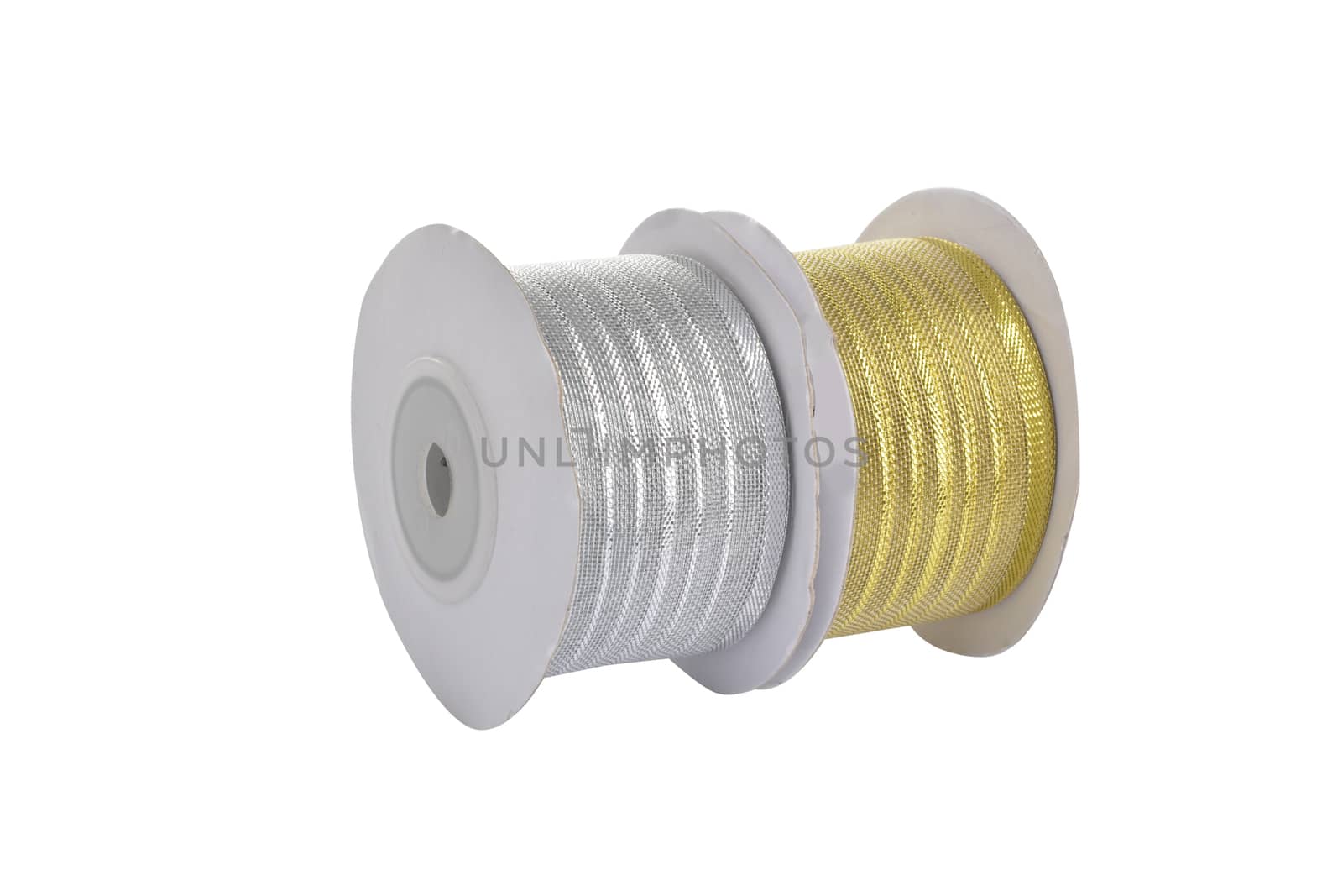 damaged packaging of set Reel with shiny organza tape ribbon festive Gold and silver isolated on white background. Use for sewing and gift wrapping.