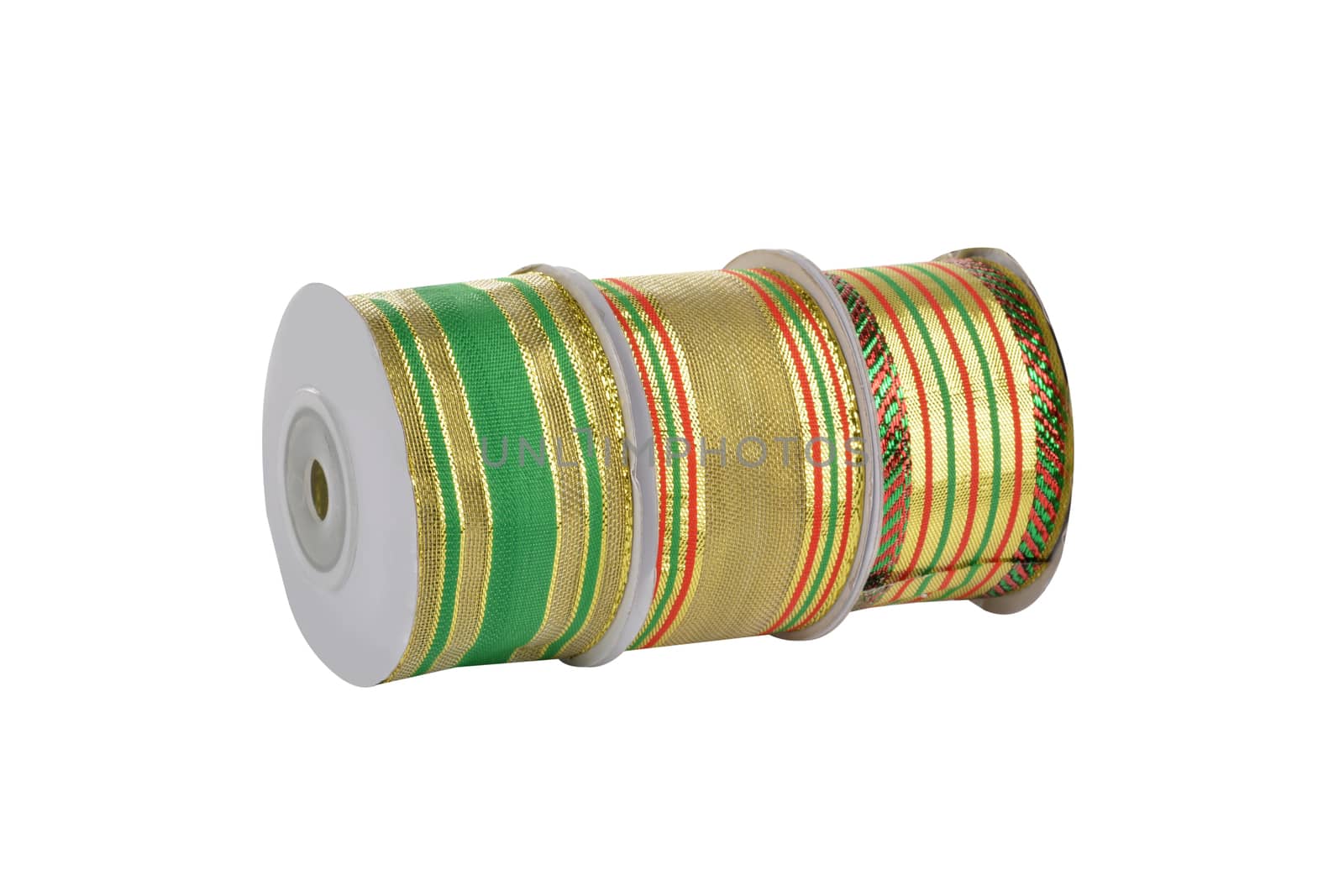 damaged packaging of set Reel with shiny organza tape ribbon festive Gold and silver isolated on white background. Use for sewing and gift wrapping.