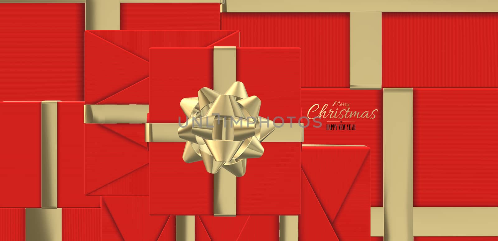 Christmas luxury design with 3D red Xmas gift boxes with golden bow. Golden text Merry Christmas Happy New Year. 3D illustration