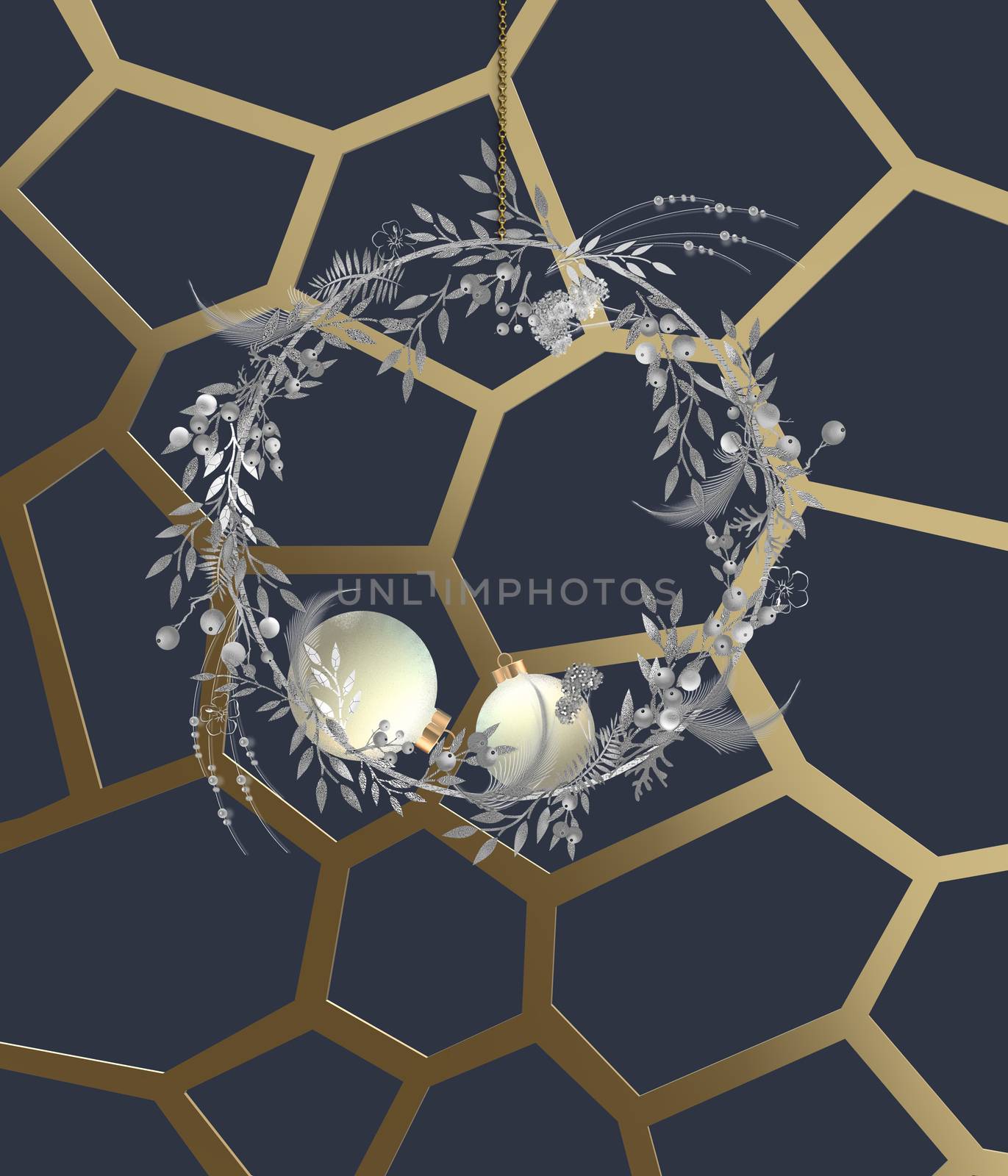 Christmas 3D gold card. Golden geometric frame, Xmas wreath, balls on blue background. 3D render