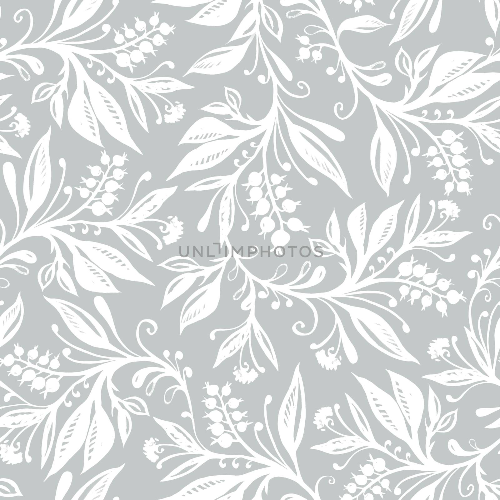 Floral seamless pattern with leaves and berries in grey and white. Hand drawing watercolor. Background for title, image for blog, decoration. Design for wallpapers, textiles, fabrics.