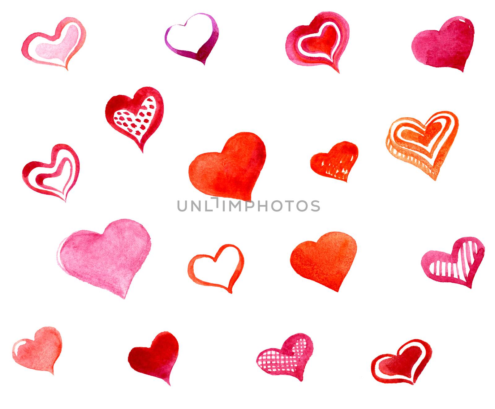 Hand drawing watercolor. Set of hearts isolated on white background.