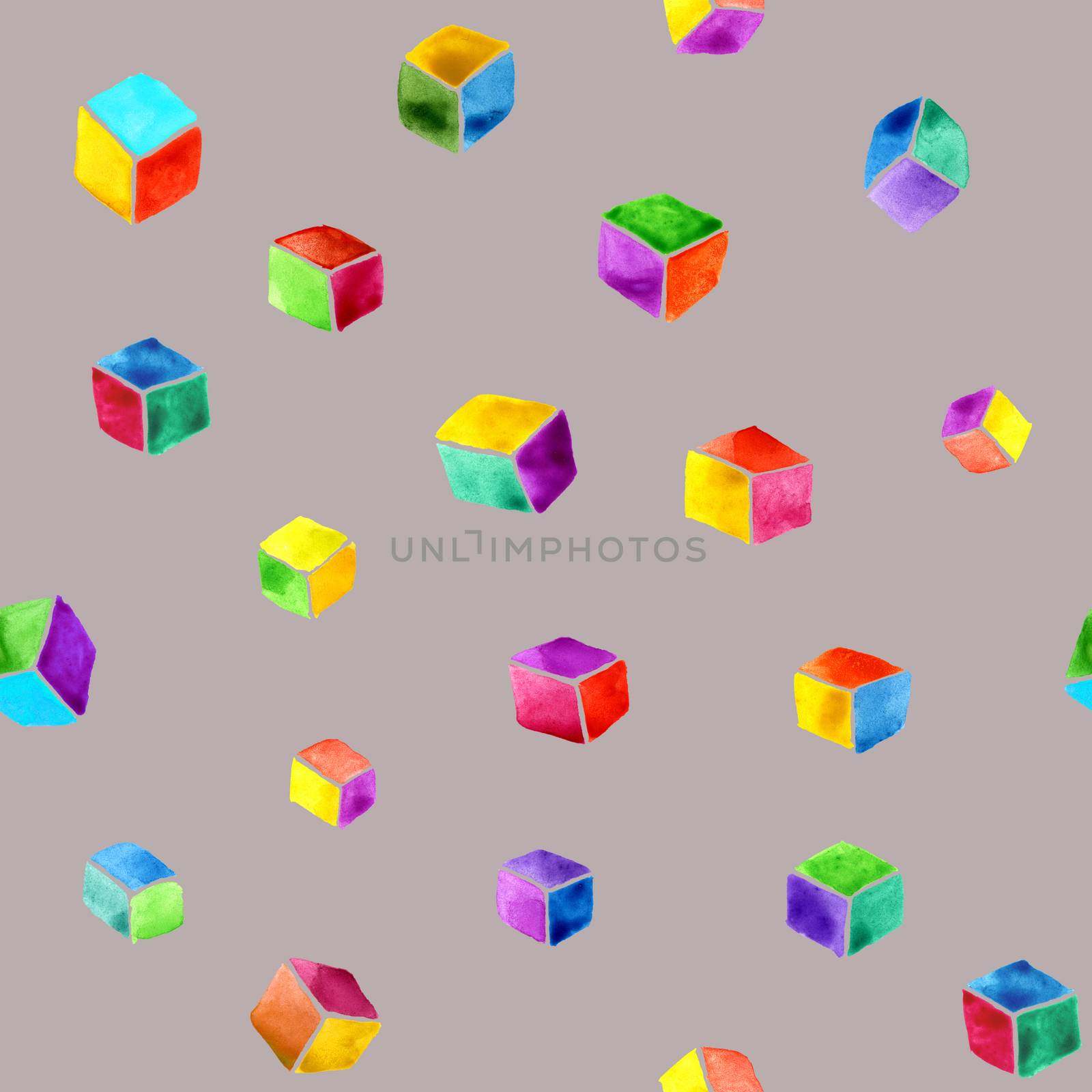 Abstract watercolor seamless pattern of multicolored cubes on a taupe background by LanaLeta