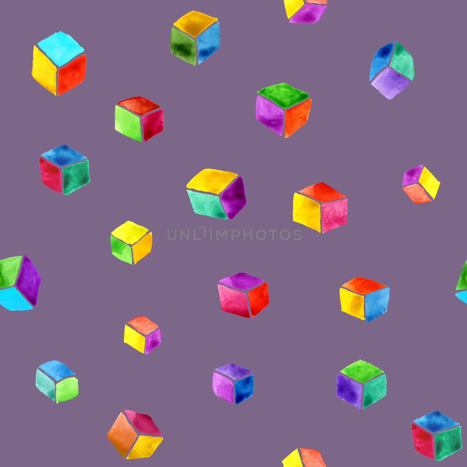 Abstract watercolor seamless pattern of multicolored cubes on a purple background. Hand drawing and digitized. Design for wallpaper, textile, fabric, bookend, wrapping.