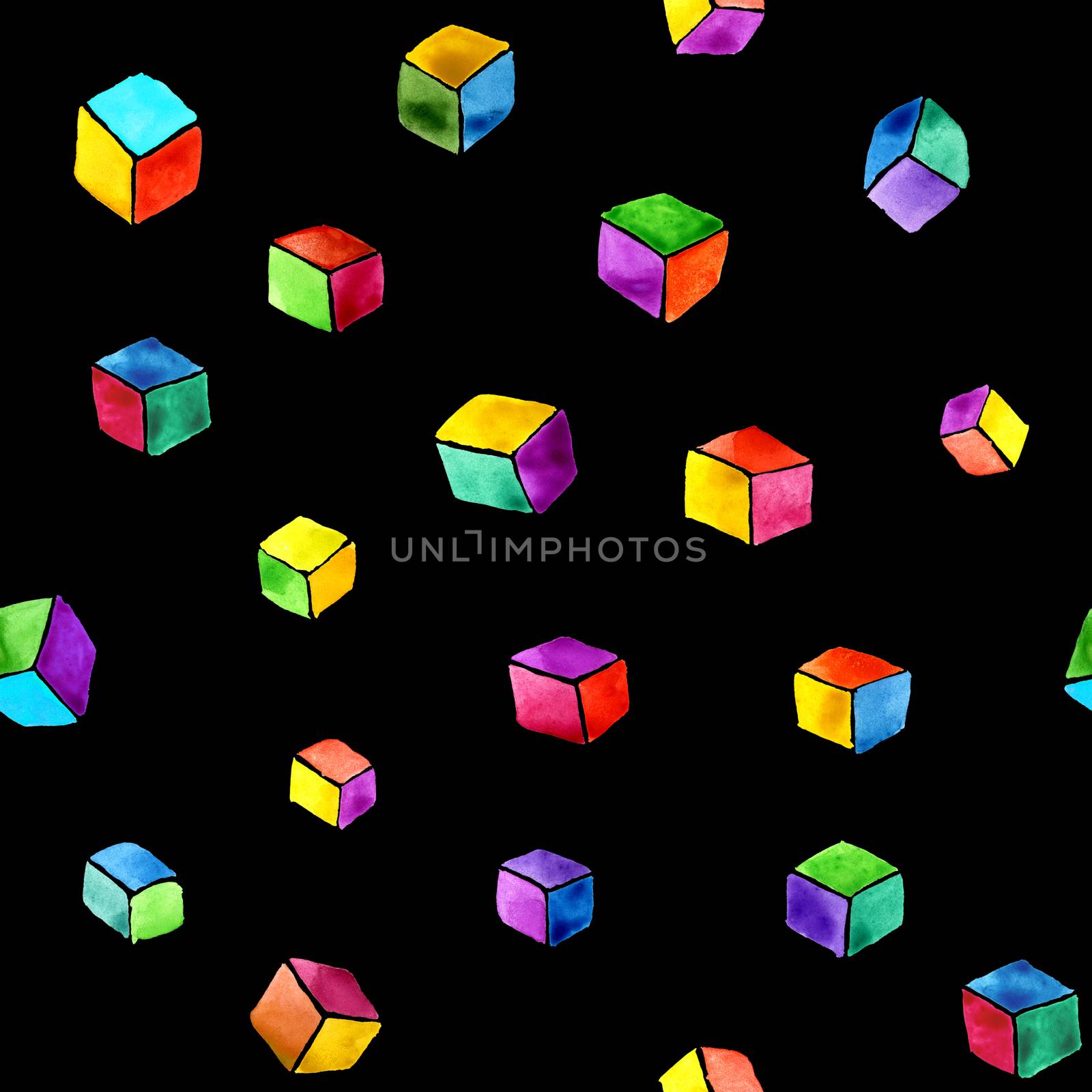 Abstract watercolor seamless pattern of multicolored cubes on a black background. Hand drawing and digitized. Design for wallpaper, textile, fabric, bookend, wrapping.