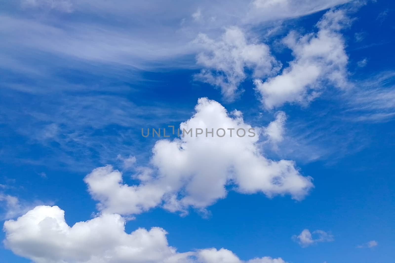View from below. Blue sky with white clouds.