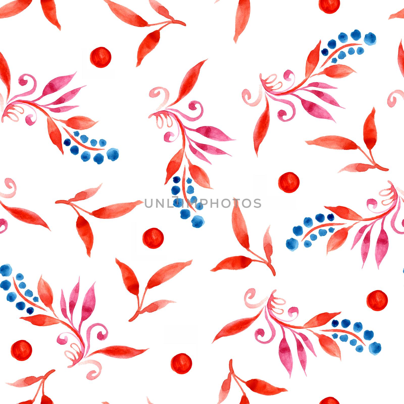 floral watercolor seamless pattern with leaves and berries in red and blue colors by LanaLeta