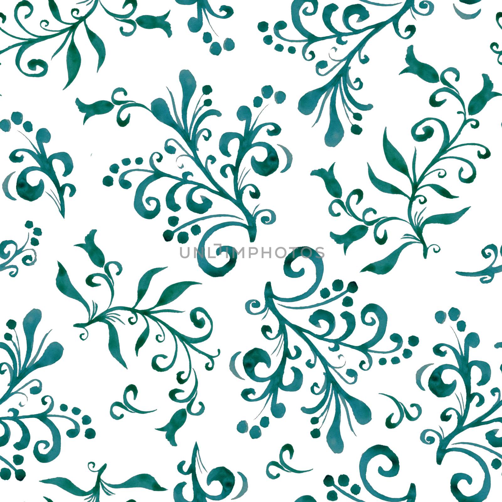 Floral seamless pattern with leaves and berries in green blue color, on a white. Hand drawing. Background for title, blog, decoration. Design for wallpapers, textiles, fabrics.