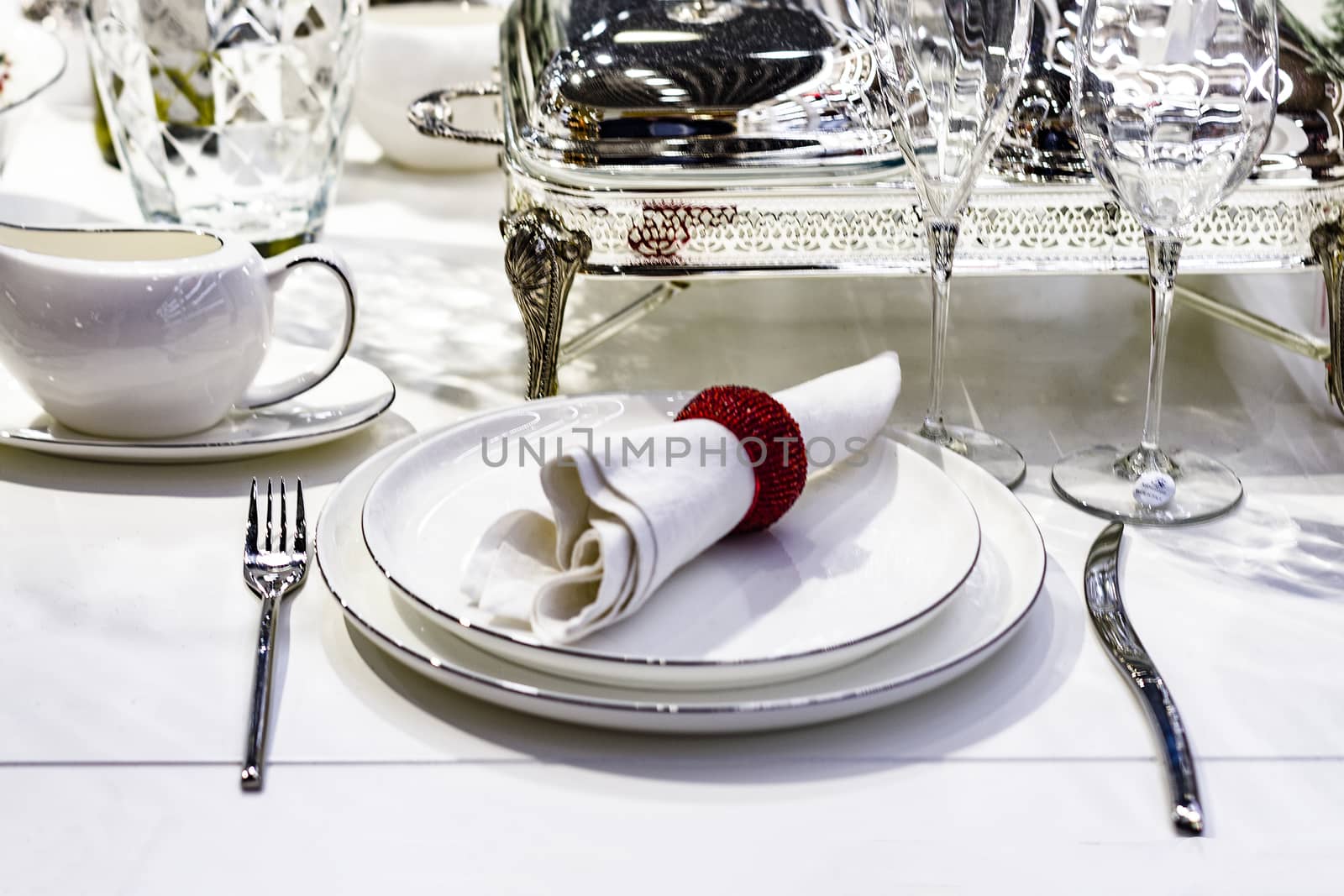 Served holiday table fragment. Front view of. by Essffes