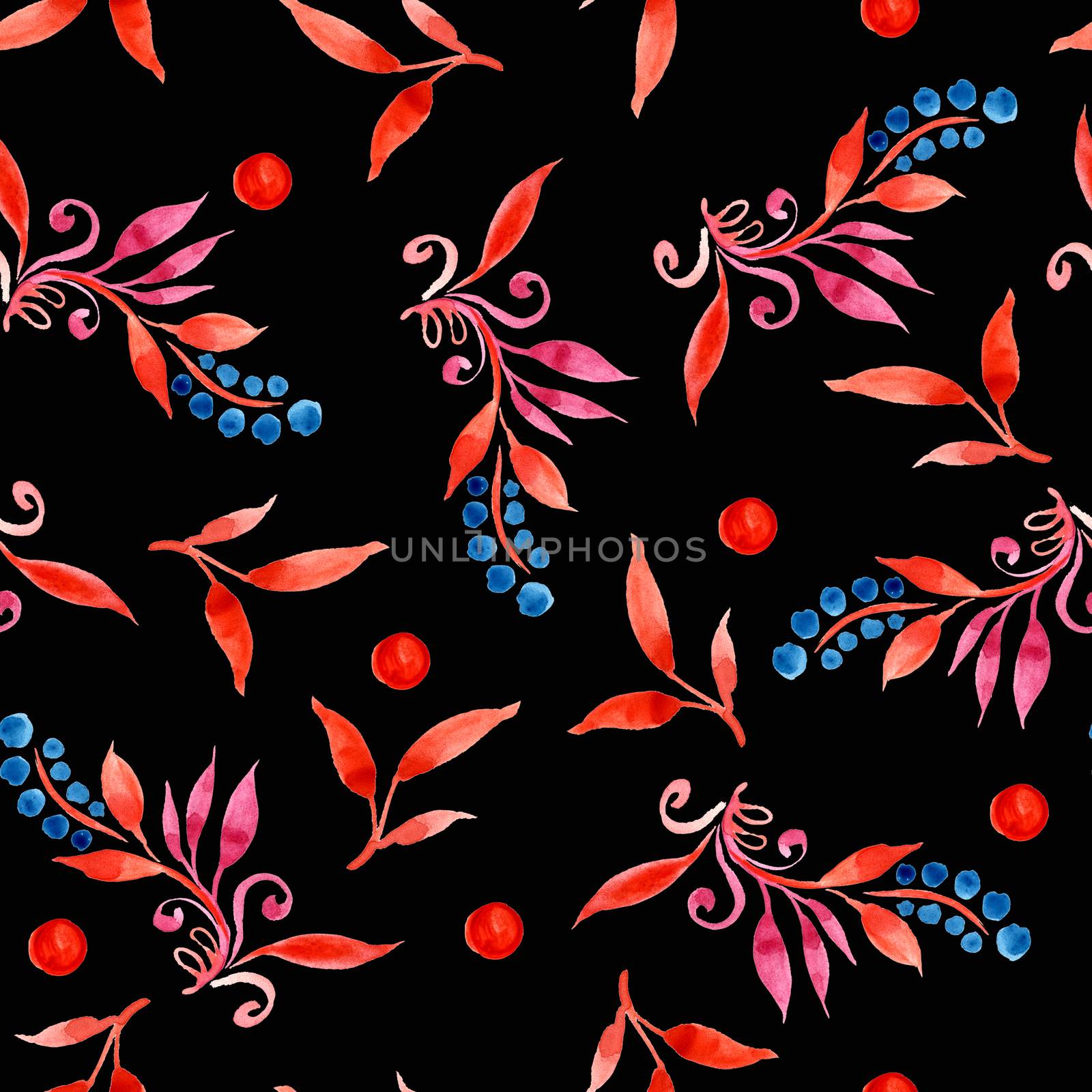 floral watercolor seamless pattern with leaves and berries in red and blue colors on black background, hand-drawn illustration