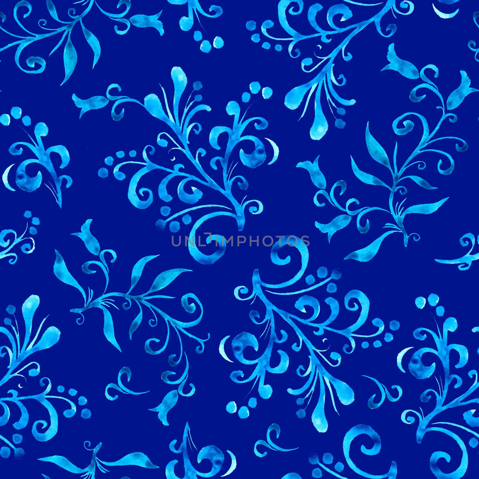 Floral seamless pattern with leaves and berries in blue color on indigo background. Hand drawing. Background for title, blog, decoration. Design for wrappers, textiles, fabrics.