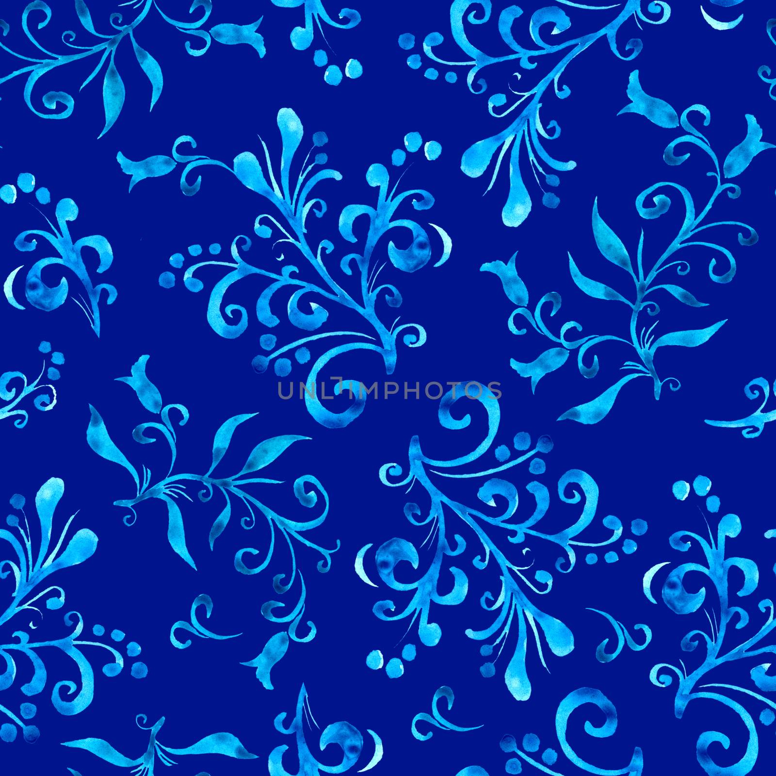 Floral seamless pattern with leaves and berries in blue color on indigo background. Hand drawing. Background for title, blog, decoration. Design for wrappers, textiles, fabrics.