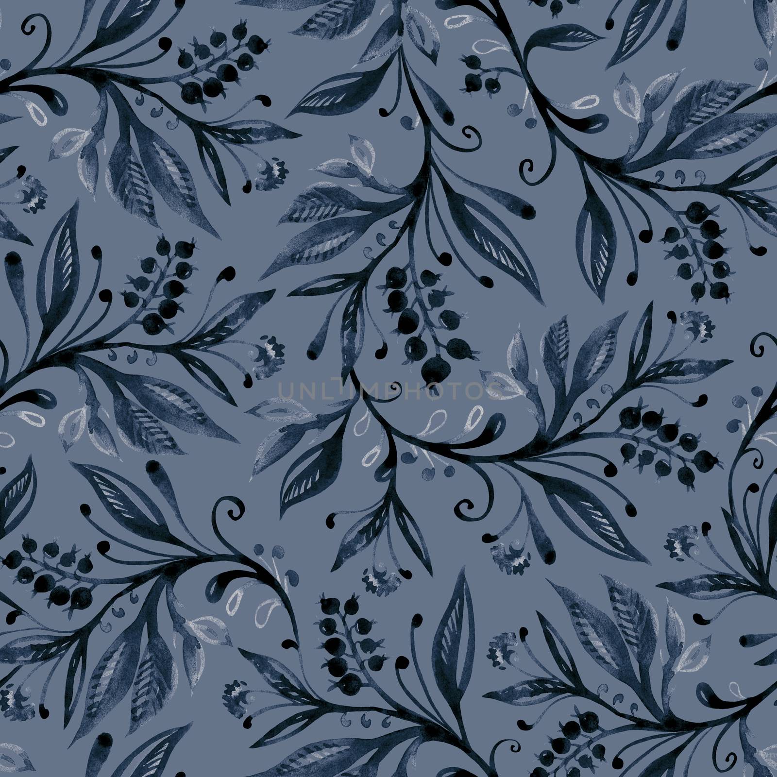 Floral seamless pattern with leaves and berries. Hand drawing. Background for title, blog, decoration. Design for wallpapers, textiles, fabrics.
