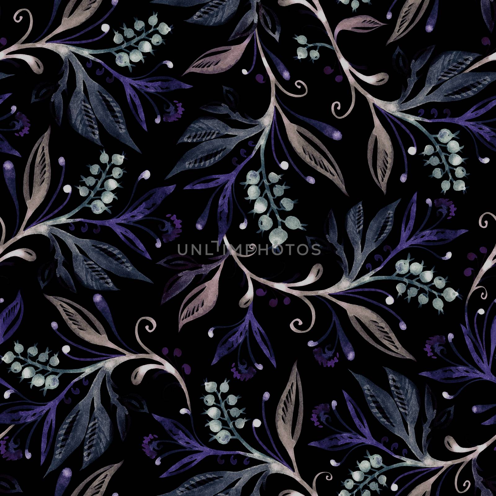 Floral seamless pattern with leaves and berries in purple and beige on black. Hand drawing watercolor. Background for title, image for blog, decoration. Design for wallpapers, textiles, fabrics.