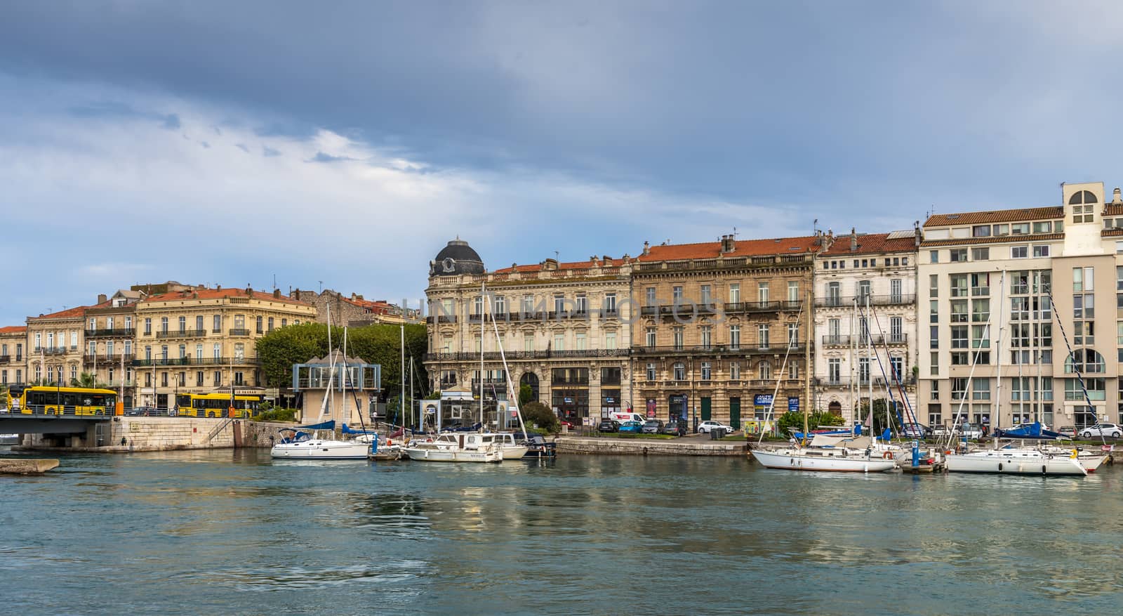 Panoramic view of a Sète canal in the evening in summer, in Hérault in Occitanie, France by Frederic