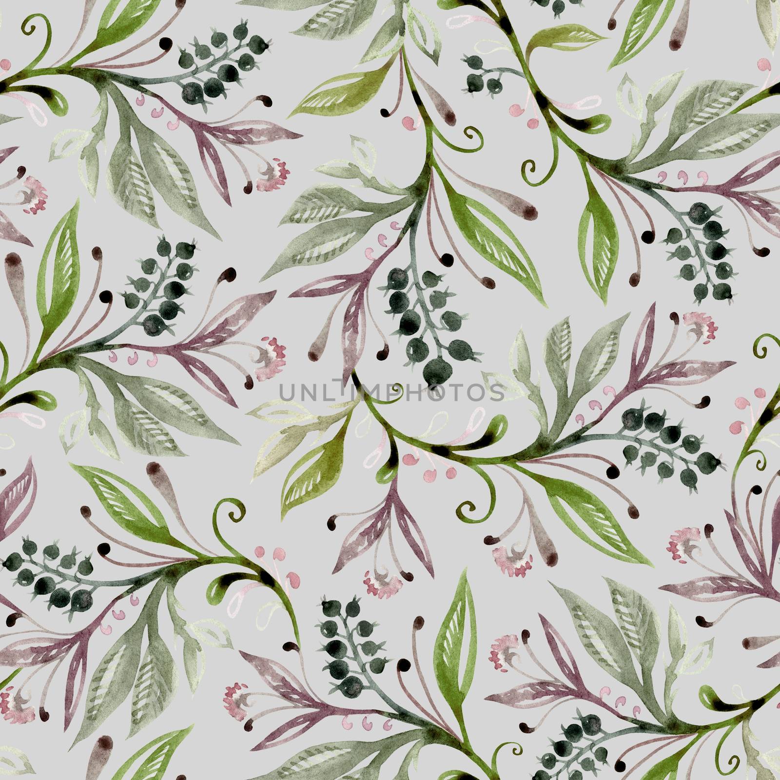 Floral watercolor seamless pattern with leaves and berries in green and broun colors. by LanaLeta