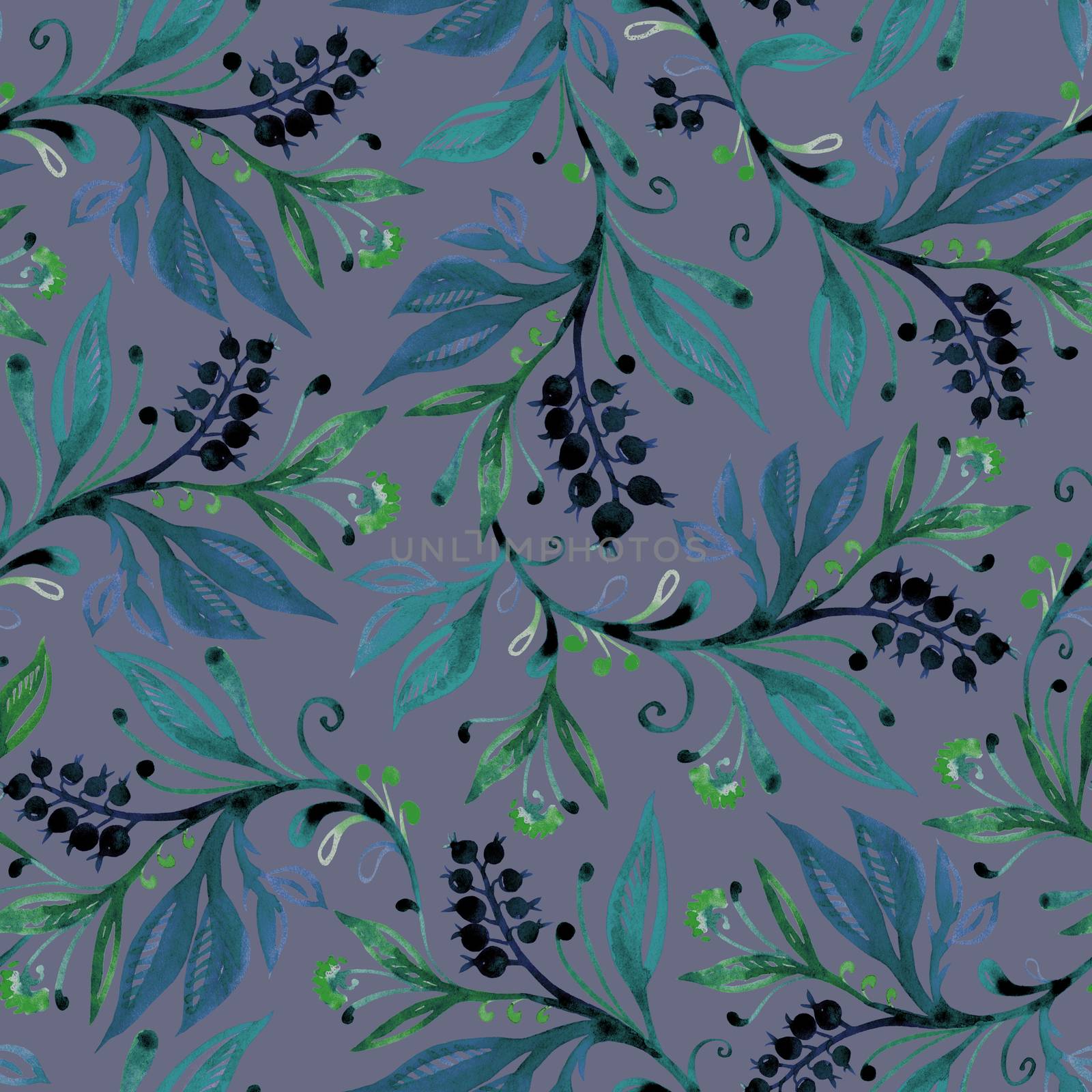 Floral seamless pattern with leaves and berries in green and blue colors by LanaLeta