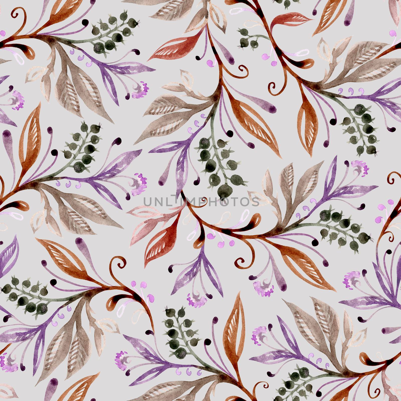 Floral watercolor seamless pattern with leaves and berries in brown, green and purple colors on light gray background, hand-drawn illustration. Background for title, image for blog, decoration. Design for wallpapers, textiles, fabrics.