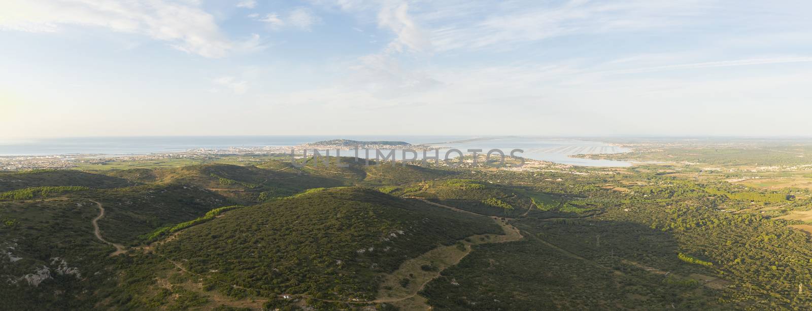 Aerial panoramic of the Thau lagoon from Gigean in Hérault in Occitanie, France by Frederic