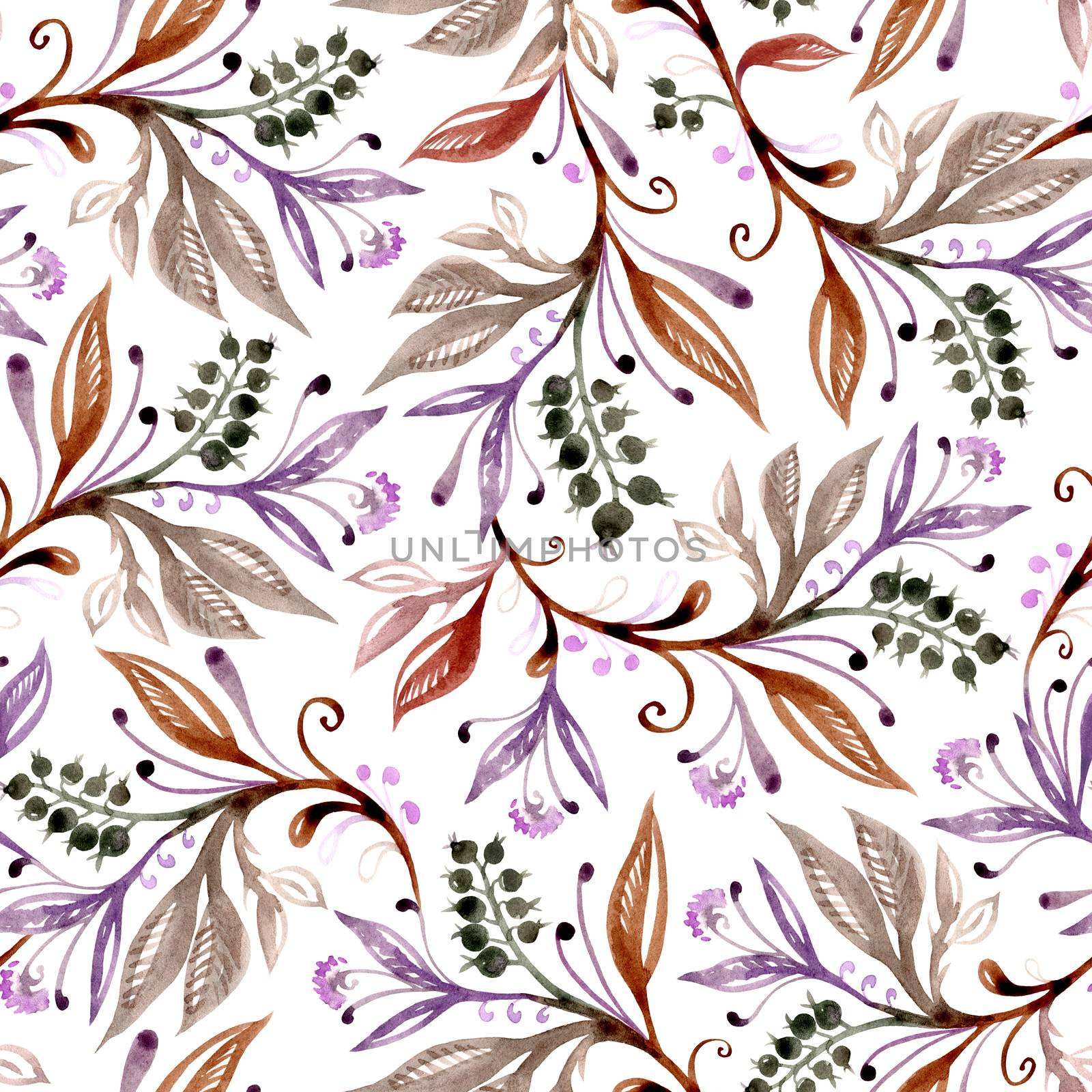 Floral watercolor seamless pattern with leaves and berries in brown, green and purple colors on white background.  by LanaLeta