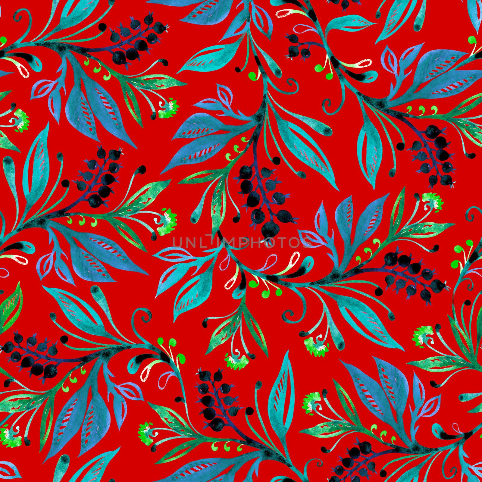 Floral watercolor seamless pattern with leaves and berries in green and blue colors on red background. Background for title, image for blog, decoration. Design for wallpapers, textiles, fabrics, wrappers.